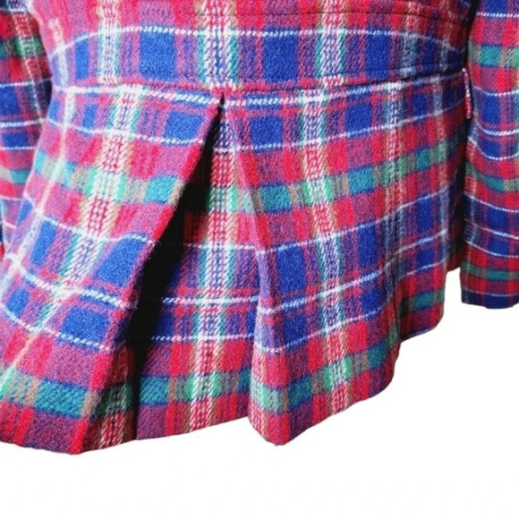 Talbots Womens Sz 12 Red Blue Green Wool Blend Tartan Plaid Crest Buttons Blazer - Picture 5 of 11